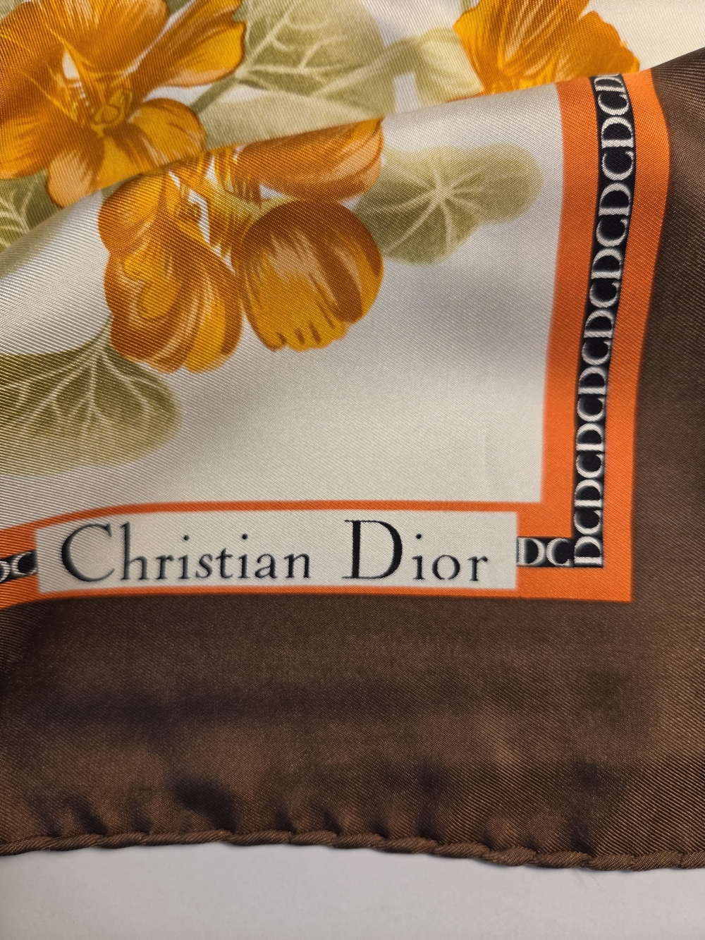 Christian Dior Scarf 100% Silk Beautiful Floral Square Scarf with Brown Border - Picture 3 of 10